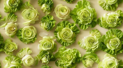 Beautiful pattern of fresh green heads of lettuce arranged in a symmetrical layout, capturing the vibrant texture and natural freshness.