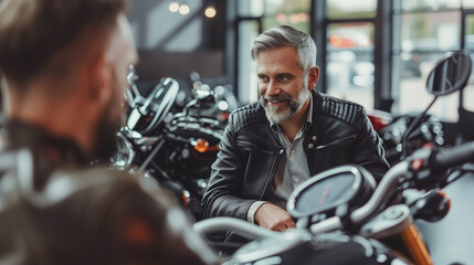 A scene of a customer and a salesman in a motorcycle dealership, discussing details of a potential purchase, demonstrating customer service and sales interactions.