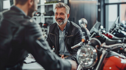 A scene of a customer and a salesman in a motorcycle dealership, discussing details of a potential purchase, demonstrating customer service and sales interactions.