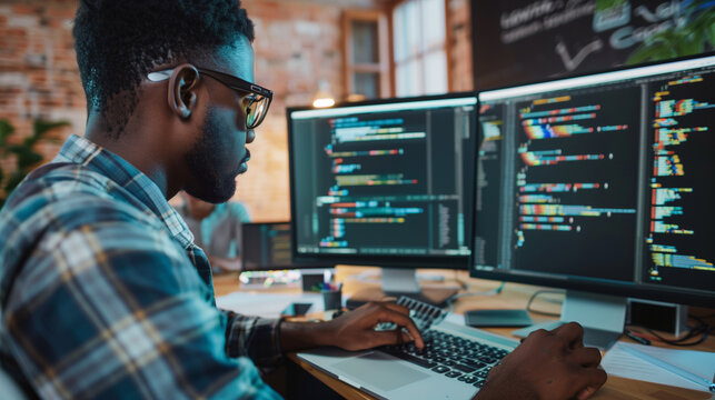 A person working on a laptop, writing code, illustrating the field of software development, programming, and technology