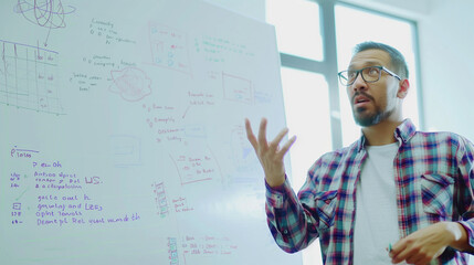 A man presenting information on a whiteboard, emphasizing the importance of teaching, explaining complex concepts, and using visual aids in an educational or professional setting.
