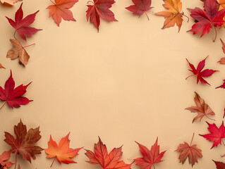 Abstrakter Herbstrahmenhintergrund. Farbige Ahorn-Herbstblätter vor hellbraunem Hintergrund 