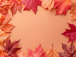 Obraz premium Abstrakter Herbstrahmenhintergrund. Farbige Ahorn-Herbstblätter vor hellbraunem Hintergrund 