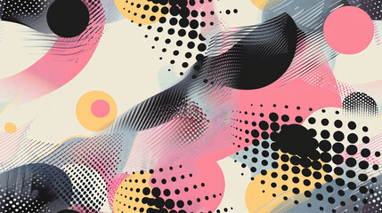 A colorful abstract painting with black and white dots