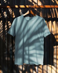 A plain blue t-shirt hangs on a wooden hanger against a patterned shadow background, with sunlight filtering through