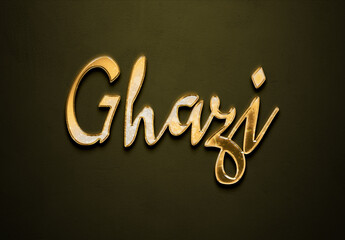 Old gold text effect of Arabic name Ghazi with 3D glossy style Mockup	.