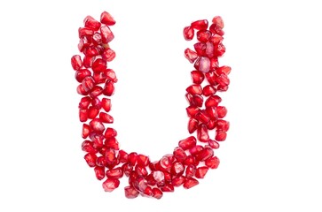 U English Alphabet Capital Letter Written with Pomegranate Seeds Isolated on White Background, Kindergarten Children Education Concepts