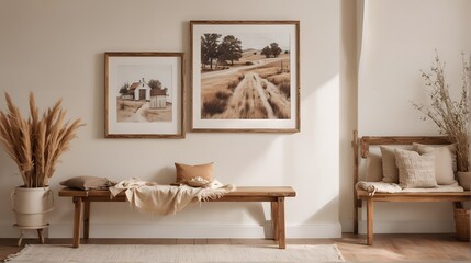 A warm and inviting photo of a wooden rustic bench near a white wall with two frames. low view