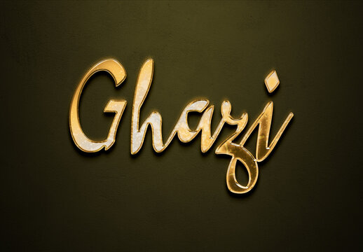 Old gold text effect of Arabic name Ghazi with 3D glossy style Mockup	.