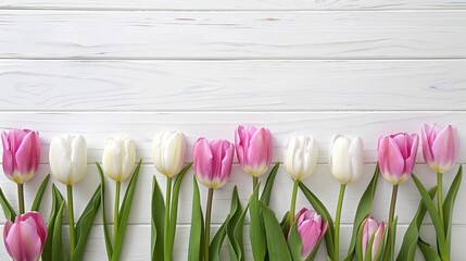 A bright, high-angle view of pink and white tulips arranged neatly on a white painted wood background creating a fresh springtime theme