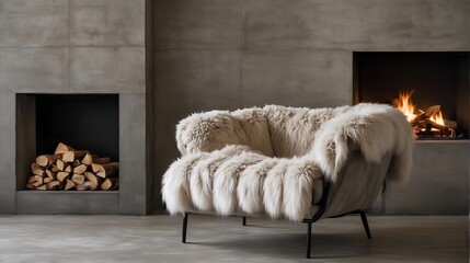 low-angle shot of the accent chair, emphasizing the soft curves of the chair and the warmth of the fur throw. low view