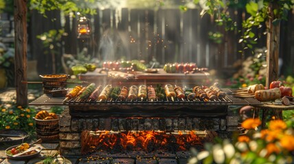 Grilled sausages and vegetables on a wooden table in the garden