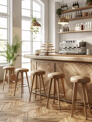 Contemporary coffee shop design featuring wooden accents, a bar, and seating, with a herringbone patterned floor, on a bright and open backdrop, emphasizing a warm and welcoming atmosphere.