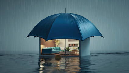 A house under a large umbrella in a rainy environment, water around it, concept of property protection and insurance.  Generative AI