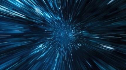 A digital illustration depicting a sci-fi concept of a hyperspace or warp tunnel with blue light streaks zooming past