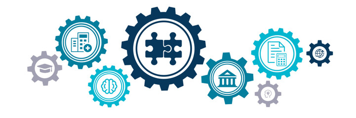 University industry collaboration vector illustration. Blue concept with icons related to partnership / cooperation between academia & business company for projects / education / internship.