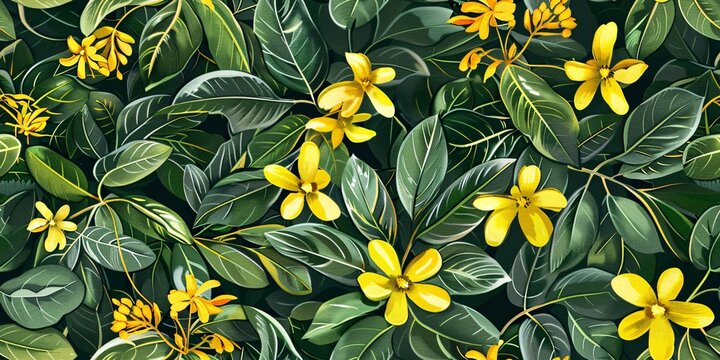 A repeated botanical watercolor print featuring the exotic flowers of a variegated evergreen Walisongo plant, also known as Schefflera Actinophylla Hayata, in a seamless pattern.