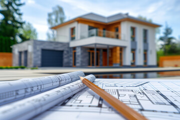 architect's house design with a pencil and a built house in the background Generative AI