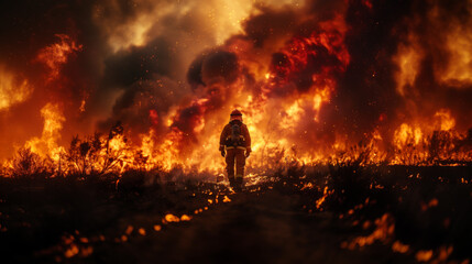 Fototapeta premium A firefighter walks through a burning forest. The fire is raging, the sky is covered with smoke. The scene is tense and dangerous