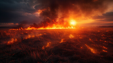 A field of dry grass is on fire, with the sun shining brightly in the background. The scene is both beautiful and terrifying