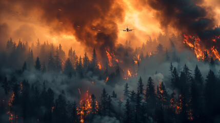 A rescue plane flies over a forest fire. The sky is covered with smoke, the trees are on fire. An environmental disaster - Powered by Adobe