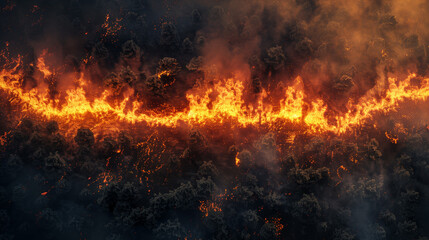 Top view of a raging forest fire. Flames rise high into the sky. Thick smoke, trees blackened and...