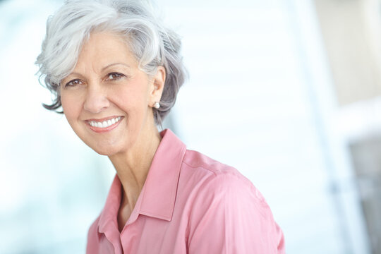Dental, senior woman and portrait or happy for teeth whitening service, oral health or confidence at dentist. Elderly, person and smile for mouth wellness, dentures and gum care for hygiene on mockup
