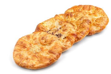 Ossetian pie with cheese and herbs on a white background