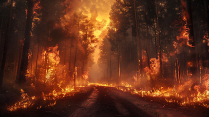 A natural cataclysm. A forest fire is burning in the forest on both sides of the road. The flames are orange and yellow, the sky is clear