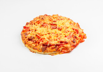 Frozen pizza on a white background. Semi-finished pizza isolated on white background. Top view.