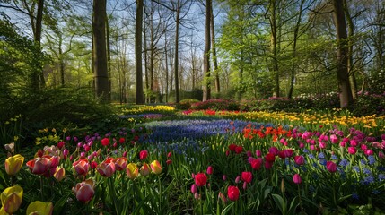 A vibrant Dutch flower display in the bulb region near a Danish village.