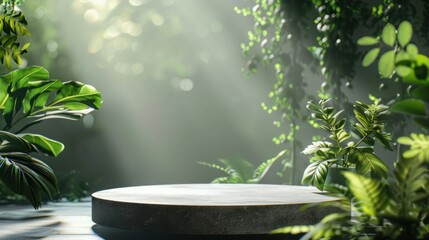 A serene and beautifully lit scene featuring a round stone podium centerpiece, flanked by verdant foliage and soft dappled sunlight
