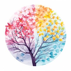 A vibrant watercolor illustration of a tree showcasing four seasons in a circular design, highlighting the transition and beauty of each season.