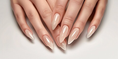 Fototapeta premium Female hands on a blank backdrop with natural-colored nail polish.