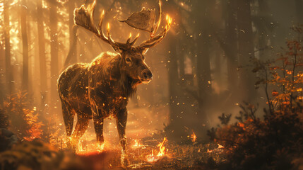 Forest fire. A wild forest deer with big horns stands in a forest engulfed in flames. The concept of saving wild animals