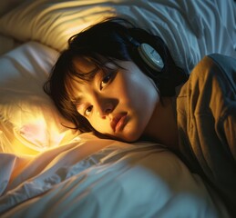 Close up of a young Asian woman lying in bed at night with headphones on her head and listening to music.