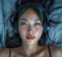 Top view of a young Asian woman lying in bed at night with headphones on her head and listening to music.