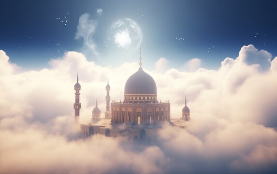 White mosque on blue sky background for Islamic holiday flyers and banners