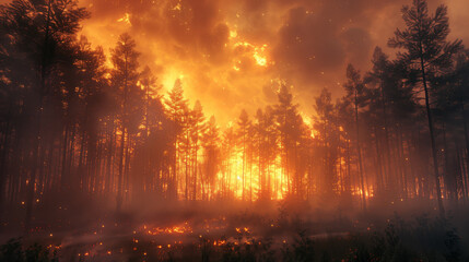 Forest fire is burning in the forest, the sky is filled with orange and yellow flames. Trees are engulfed in flames, and smoke is rising into the sky