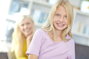 Portrait, mother and daughter with child, relax and bonding together with happiness, girl and...