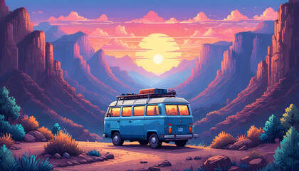 Vintage van traveling at sunset in nature 5