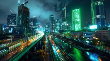 Fototapeta premium Electric Neon Green Light Show in a Modern Cityscape at Night, Vibrant Urban Life