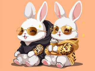 Cute rabbits with coffee on the orange background