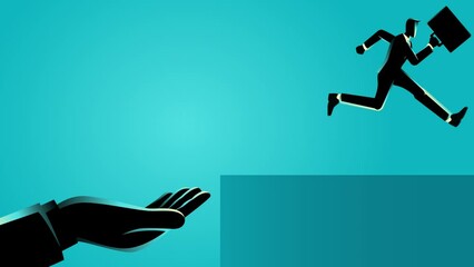 Hand helping a businessman leap to higher ground. Symbolizing support, growth, and success, this animation is perfect for business presentations, motivational content, and team-building materials