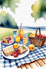 Watercolor composition of a cozy family picnic on the grass on a warm sunny day with picnic basket, fruits and  sandwiches.