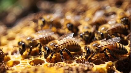 Bees in a hive close-up on honeycomb