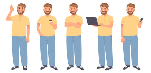 Obraz premium Set of a happy man on a white background in full length. Guy character with coffee, laptop and phone. Vector illustration