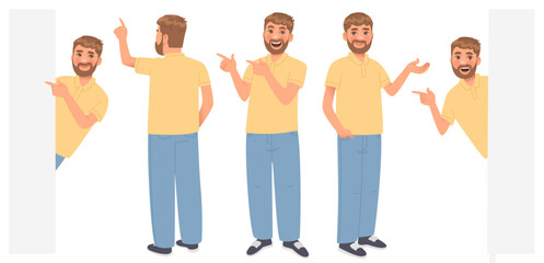 Obraz premium Set of a male character who presents, looks out and points at something. Vector illustration