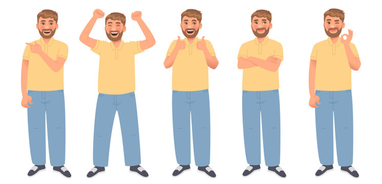 Set of positive emotions and gestures of approval. A happy man dreams and rejoices. Vector illustration