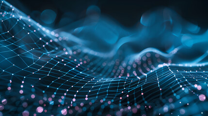 Abstract pixelated data stream on digital interface with glowing binary code  ,Abstract digital technology background with a flowing blue network mesh wave, representing data, connection